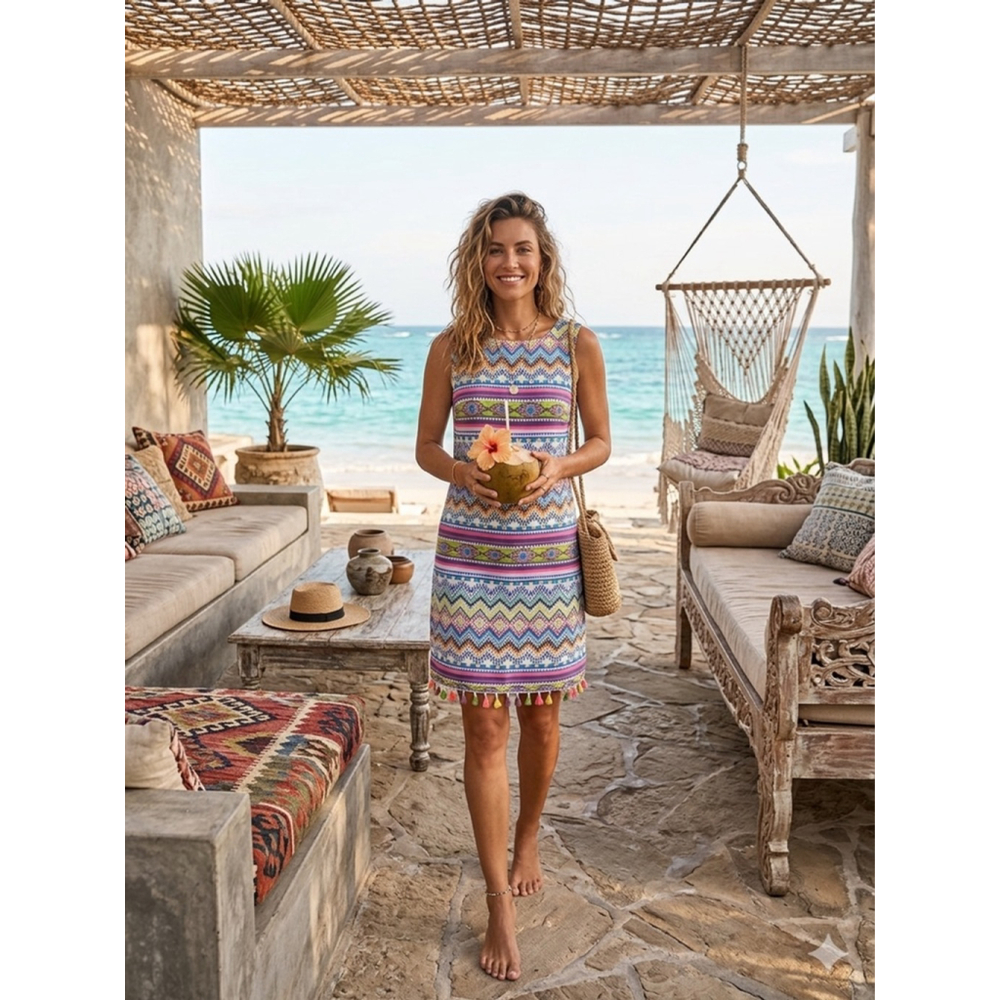 Madison Leigh Bohemian Geometric Tassel Shift Dress Size 6